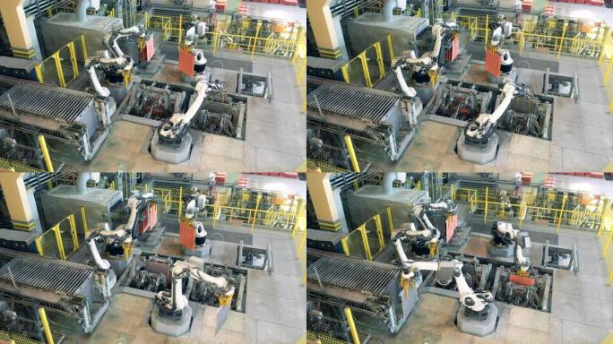 机器人机构正在四处移动铜板。机器人设备，现代工业工厂设施。