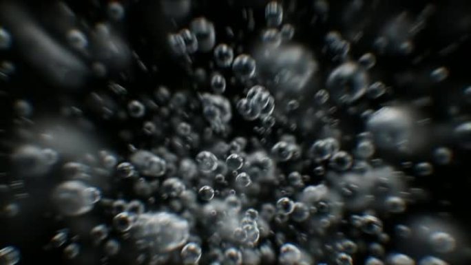 通过水下气泡的运动云彩特写隔离在黑白背景上。快速流动的水泡质量的美丽的循环3d动画。