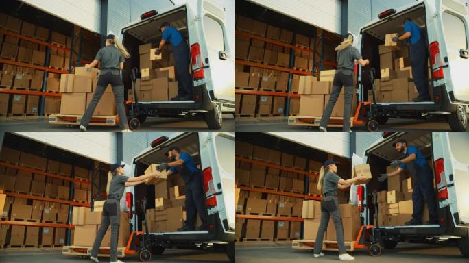 物流配送仓库之外: 多样化的工人团队使用带有纸板箱，在线订单，电子商务采购的手推车装载配送货车。慢动