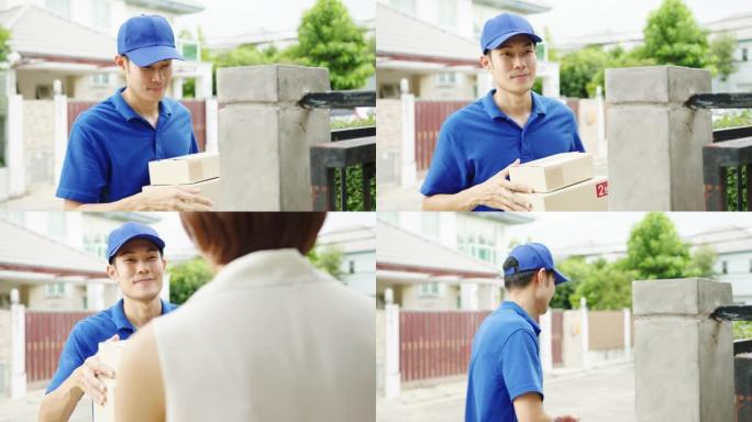 年轻的亚洲邮政快递快递员，穿着蓝色衬衫，处理包裹，在家中发送给客户，亚洲女性在户外接收包裹。
