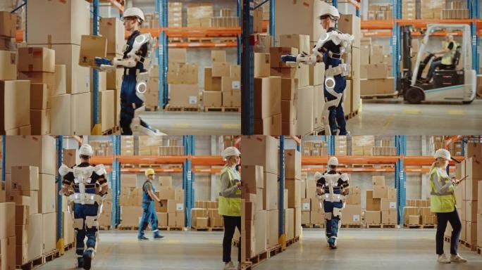 高科技未来派仓库: 工人穿着先进的全身动力外骨骼外衣。帮助人们提高效率，增强绩效，力量并消除与工作有