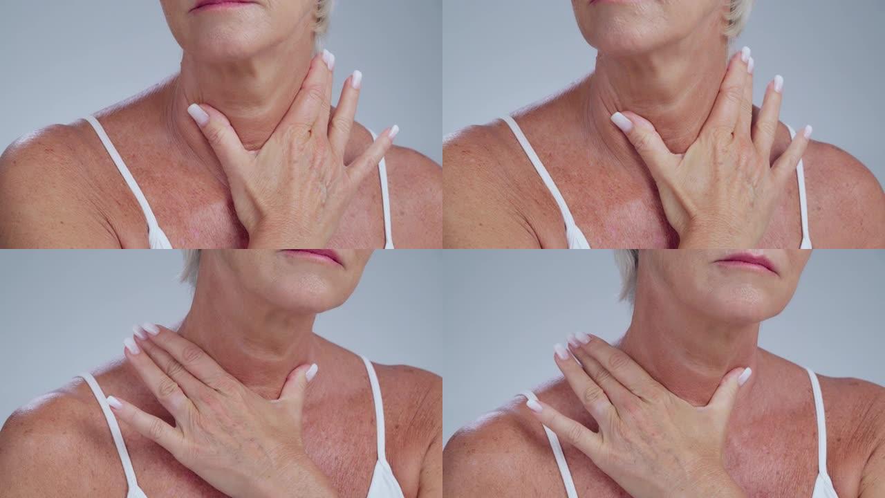 老年颈部，手部和女性，修指甲，护肤和健康，用于抗衰老治疗。医疗保健，整形手术和胶原蛋白化妆品的成熟模