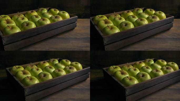 木箱，采摘者，农业中的青苹果