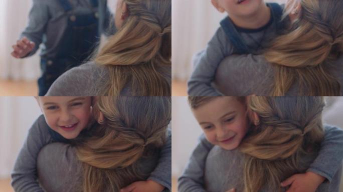 快乐的小男孩拥抱母亲微笑拥抱儿子享受母爱可爱的孩子给妈妈拥抱家庭概念4k镜头
