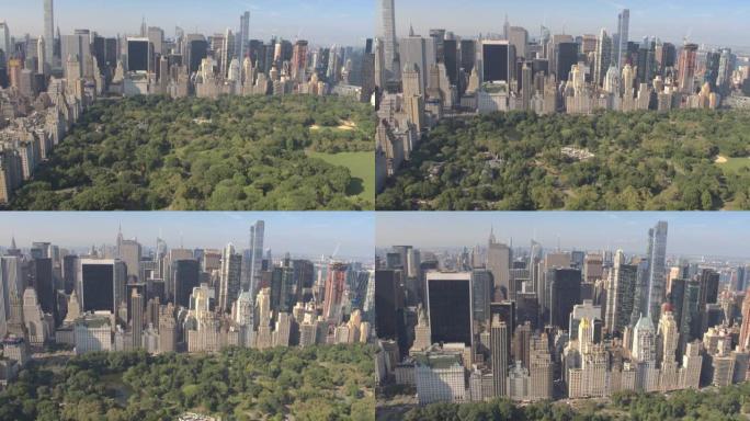 空中: 飞越中央公园和纽约市高耸的摩天大楼。