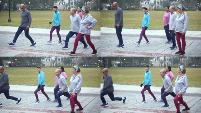 五个多种族的成年人在公园里做弓步运动