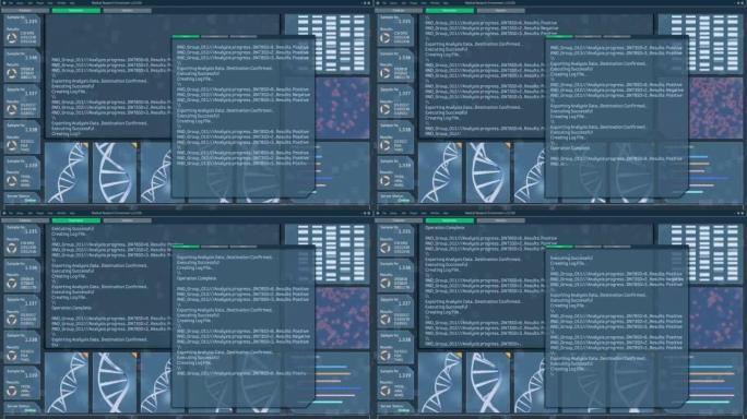 DNA样品分析软件模拟加载结果在数字显微镜下的培养皿中复制红色生物病毒模式。计算机显示器和笔记本电脑