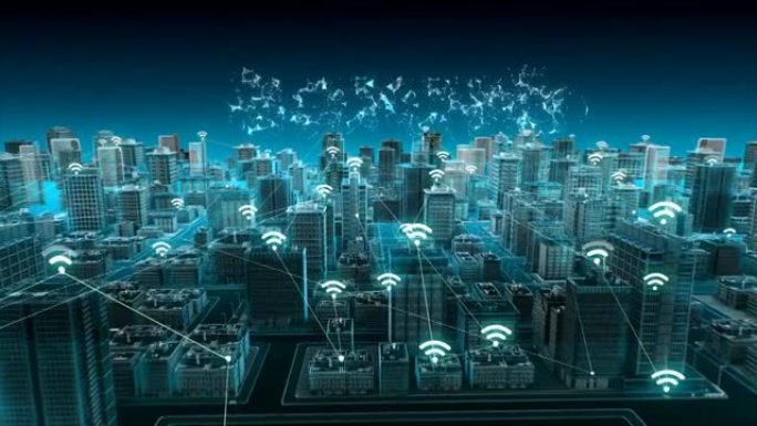 智能城市上的无线智能传感器图标，连接 “块链” 物联网技术。蓝色x射线鸟瞰图。4k动画。