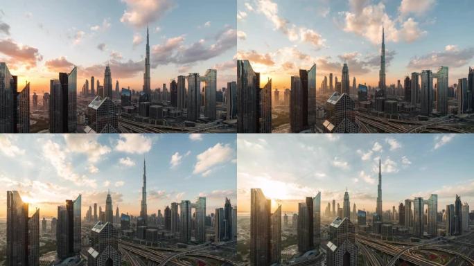 迪拜天际线日出时的T/L鸟瞰图/迪拜，阿联酋