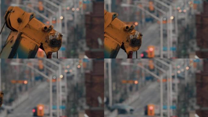 安大略省多伦多市街上的建筑起重机铰链的特写镜头。