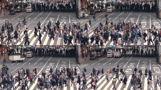 在上野十字路口的人行横道上行走的人，慢动作