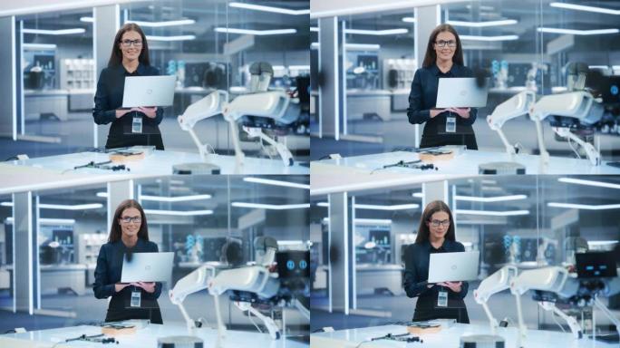 一位美丽的高加索女性穿着漂亮的公司服装和眼镜，看着相机微笑着。女商人，信息技术经理，机器人工程专家。