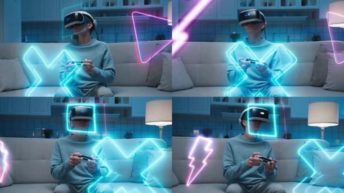 戴着VR耳机的小男孩在室内玩视频游戏。在带有无线媒体眼镜和控制台控制器的家庭房间里，白人少年孩子脸上