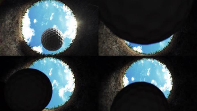 在慢动作特写中准确射门后，高尔夫球落入高尔夫球场的洞中。把球放在洞里美丽的3d动画。运动概念