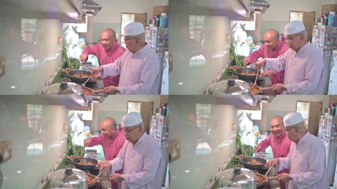 马来家庭祖父和父亲在厨房里并排烹饪传统食物咖喱，为哈里拉雅家庭团圆饭做准备