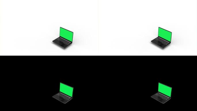 白色背景的黑色笔记本电脑上的绿色屏幕