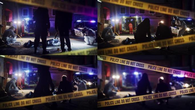 缩小 “不要交叉” 录像带: 犯罪现场调查小组在夜间处理一起谋杀案。警察在后街的一具尸体上收到小费。