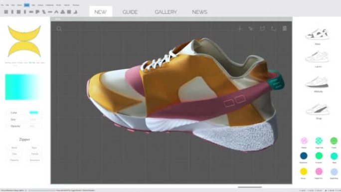 运动鞋3D设计编辑软件模拟动画，生成时尚的鞋子。具有多个设置窗口的浅灰色界面。计算机显示器和笔记本电