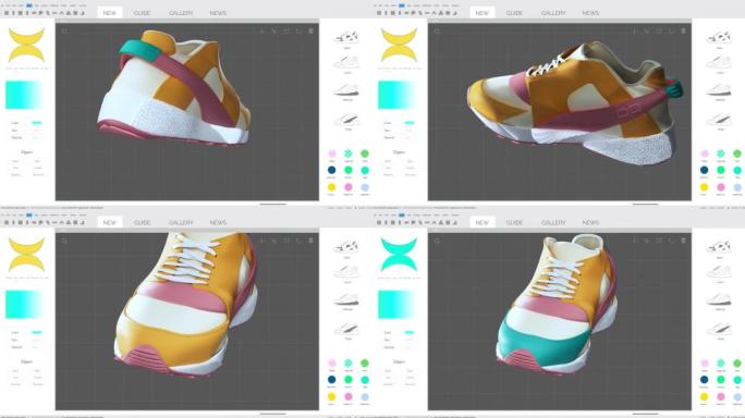 运动鞋3D设计编辑软件模拟动画，生成时尚的鞋子。具有多个设置窗口的浅灰色界面。计算机显示器和笔记本电