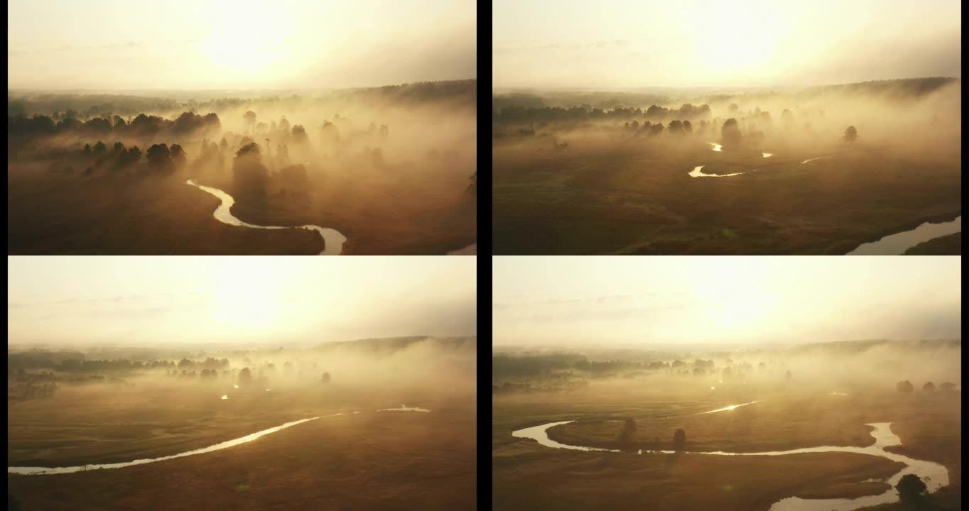 长的空中放大了令人难以置信的日出山谷，树木和蜿蜒的河流在黎明时覆盖着浓雾的全景。
