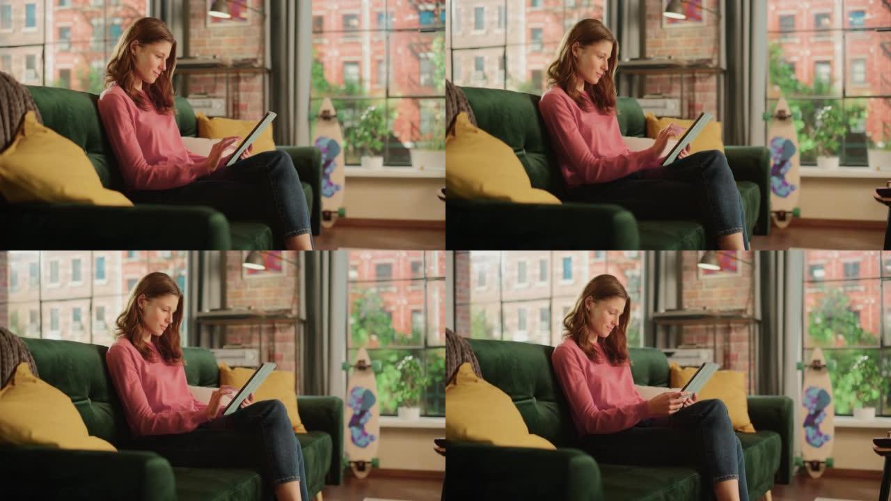 年轻漂亮的女性坐在阁楼公寓的沙发上，在家用平板电脑工作。有创造力的女人检查社交媒体，浏览互联网。从大