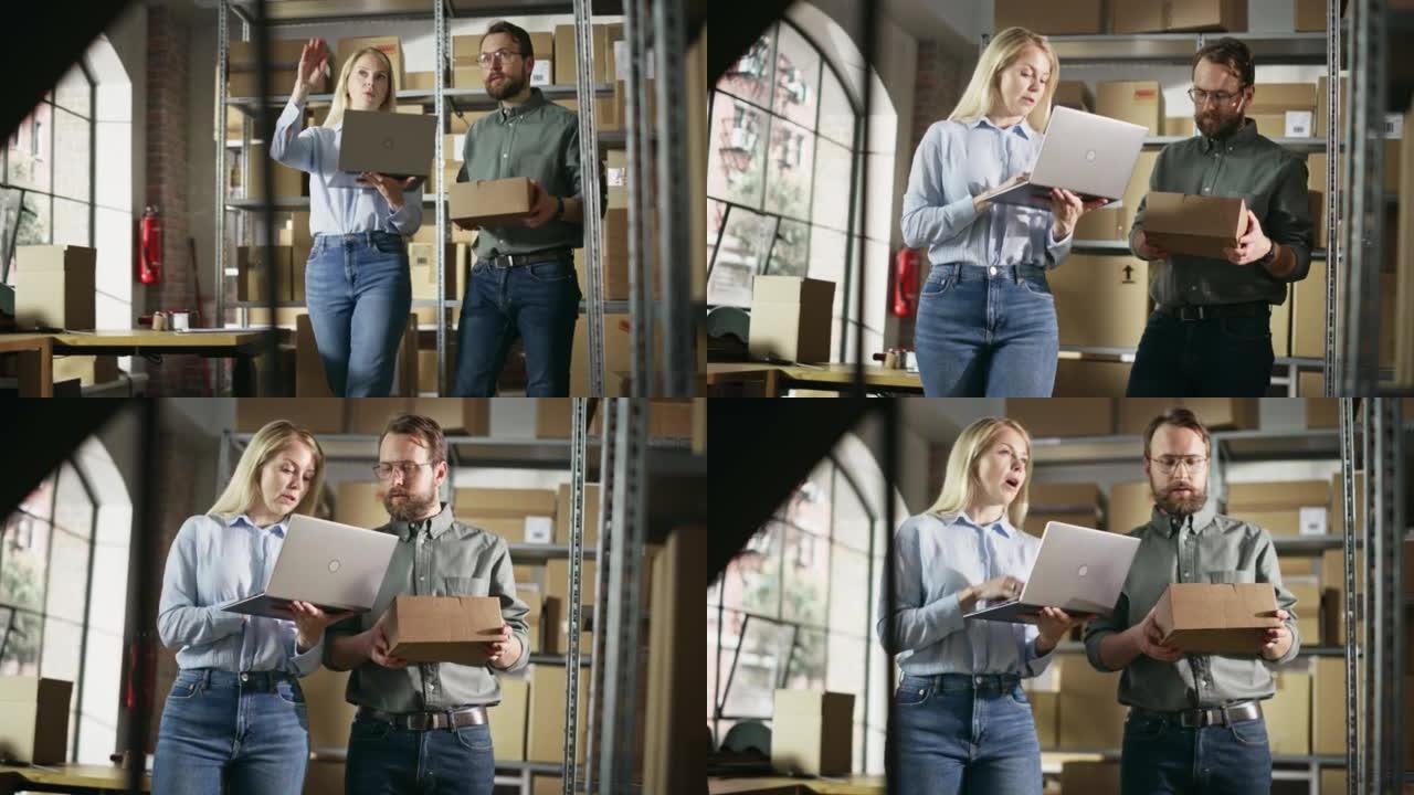 男性和女性仓库库存经理的肖像交谈，使用笔记本电脑并检查零售库存。走在一排排装满纸箱包装的架子之间的背