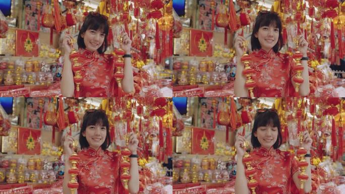 中国女人买年货节幸福美女采购过年味
