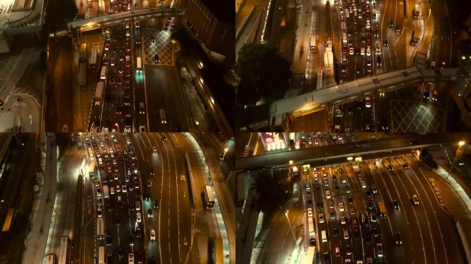 香港海底隧道夜间城市车流航拍夜晚车辆行驶