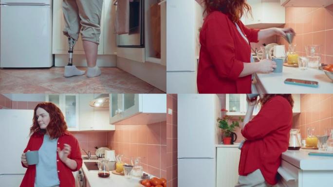 长电影镜头，美丽快乐的残疾女子与仿生网络假肢走在厨房享受咖啡。