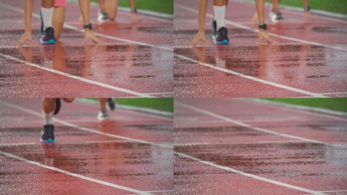 慢动作低段2亚洲华裔女运动员深夜在体育场下雨跑步