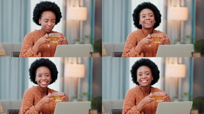 女性在办公室工作时喝杯茶放松的肖像。黑人女商人休息一下，享受一杯清凉的饮料。女士在回复电子邮件之前先