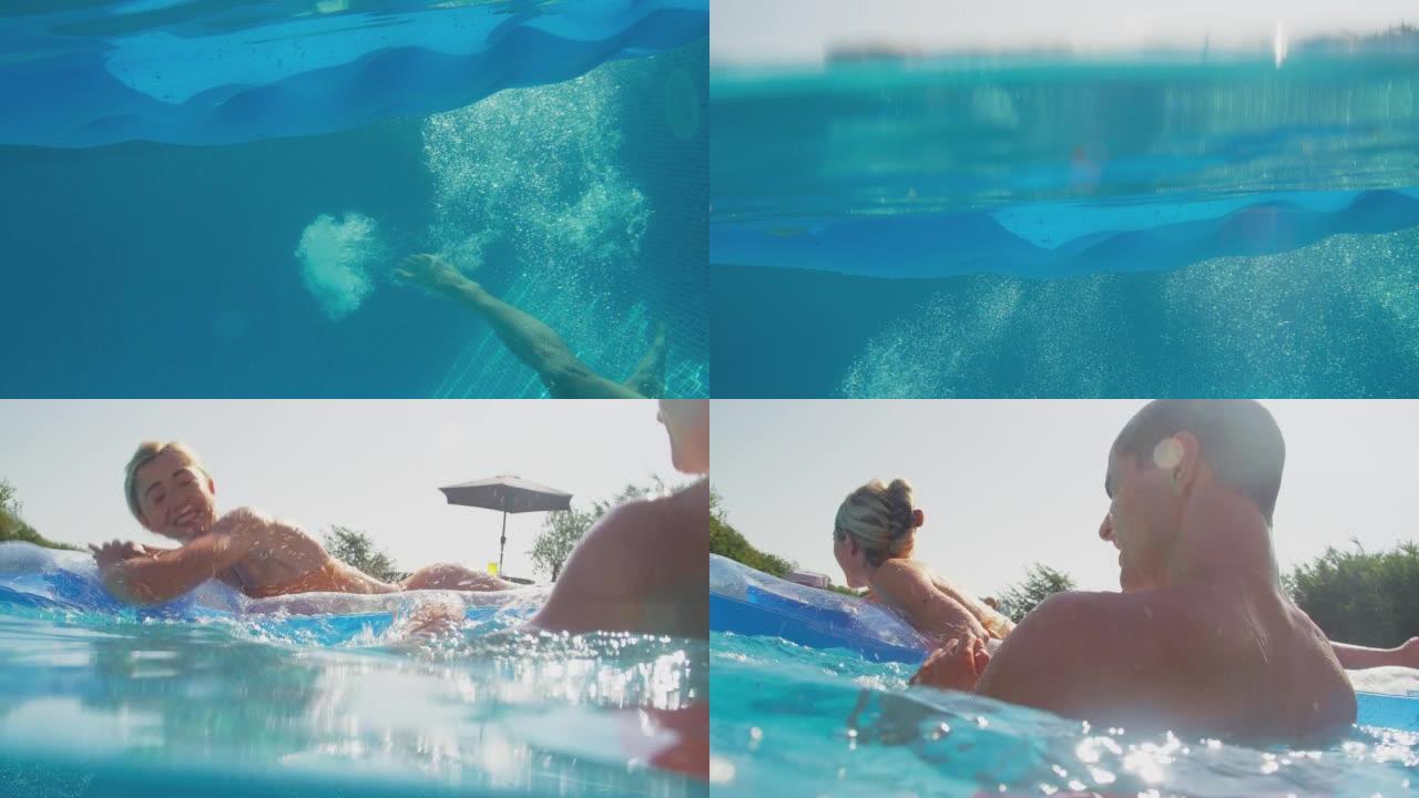 暑假期间，男人在游泳池的充气床上漂浮着女人的水下景色