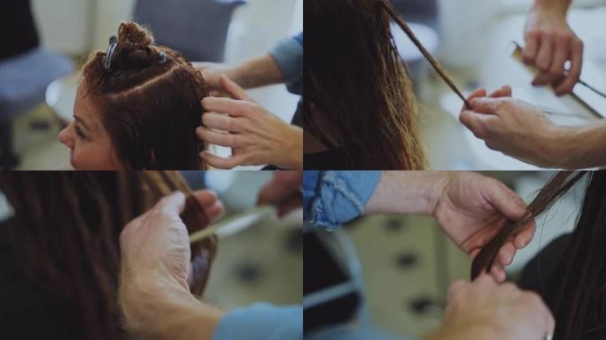 发型师在沙龙为女性客户做发型和梳理头发