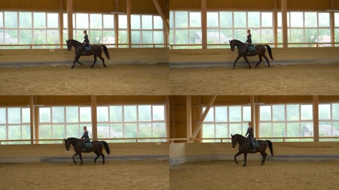 慢动作: 女人在室内骑马使她的深棕色种马变暖。