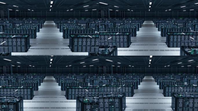 现代数据技术中心服务器机架在光线充足的房间中工作。物联网、大数据保护、存储、加密货币场、云计算的概念