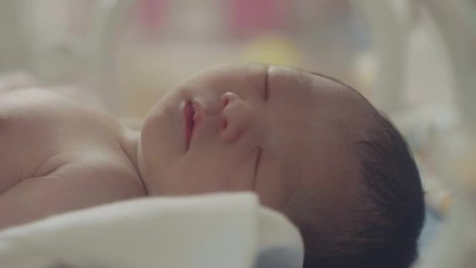 新生婴儿睡觉。妇产科婴儿保温箱出生率