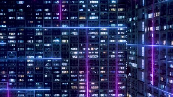 TD智慧城市与Metaverse概念，住宅建筑夜间鸟瞰图