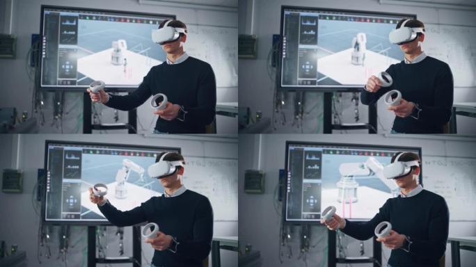 学生工程师戴着虚拟现实耳机，拿着操纵杆，控制仿生肢体，同时她的动作显示在屏幕上。现代设备与计算机科学