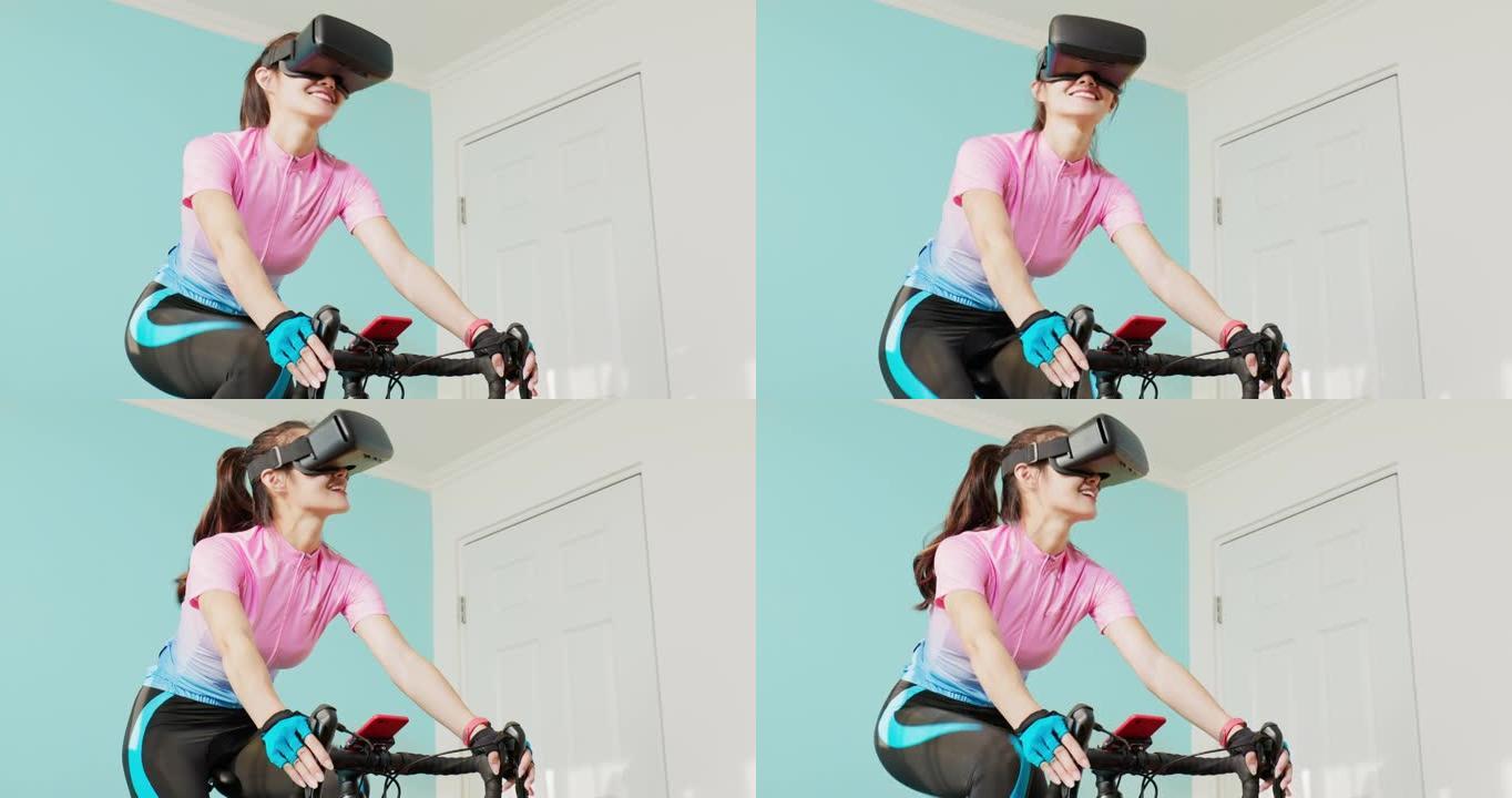 戴VR眼镜骑自行车的女人