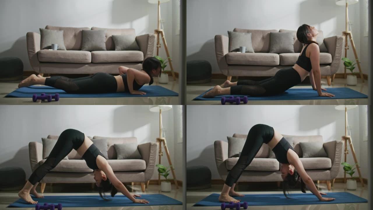 运动妇女在家锻炼居家瑜伽健身线上课程美女