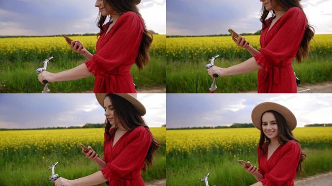 中，跟踪拍摄了一个穿着红色连衣裙的黑发，看着她的手机，一边骑着自行车，周围是金鱼草的花朵，慢动作