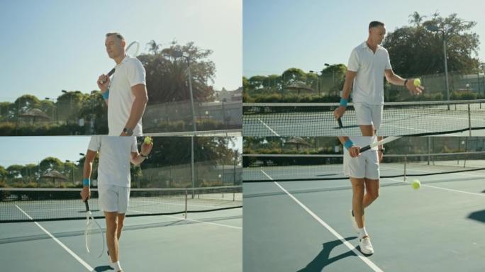 在网球场上手持球拍和弹跳球的成熟男人