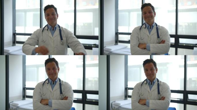 快乐的拉丁美洲医生在练习中工作，双臂交叉时面对镜头微笑