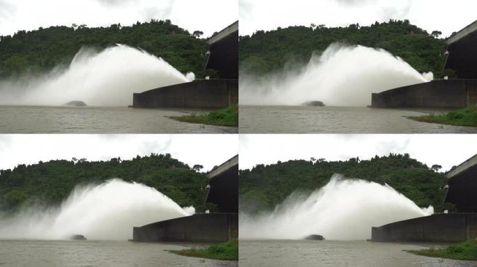 大坝打开闸门发电。