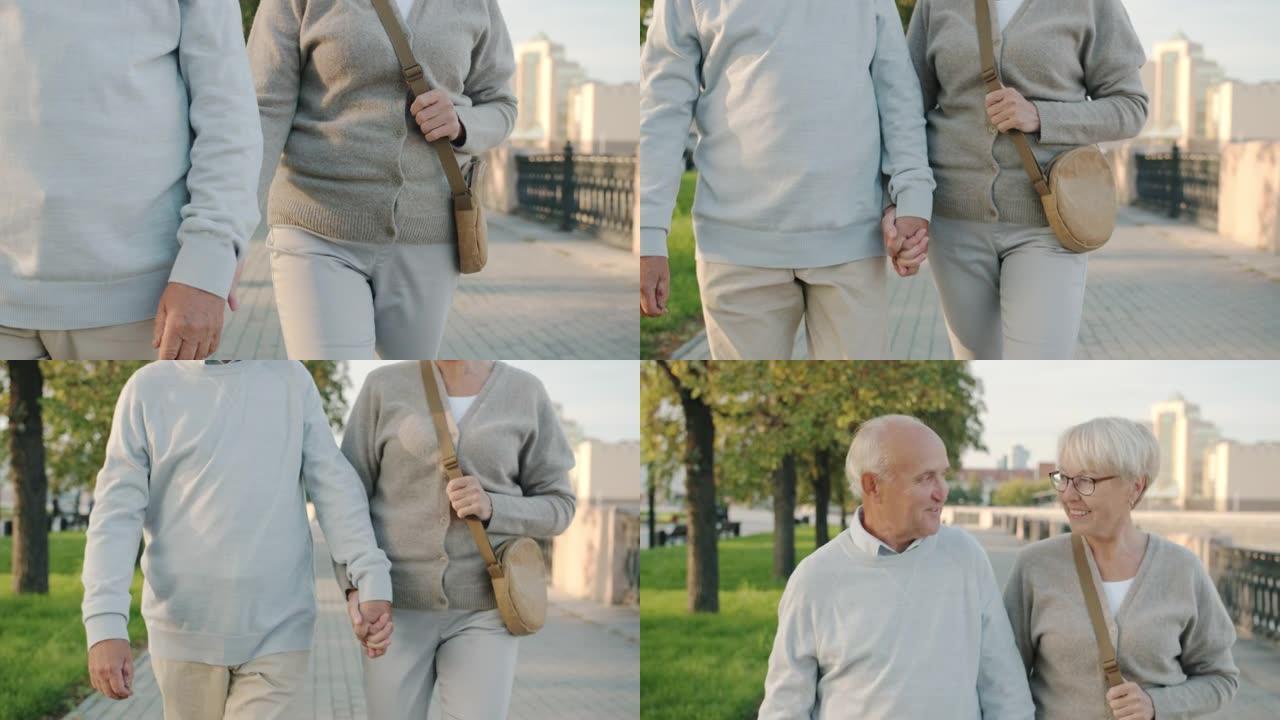 老年男女牵手在城市行走的俯仰肖像