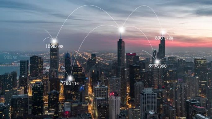T/L TU芝加哥城市天际线和5g网络概念
