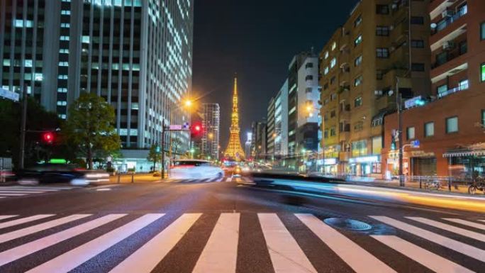 4K，在现代日本城市东京市中心的延时夜间公路车。