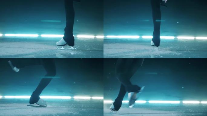 慢动作在冰上旋转的溜冰鞋的特写