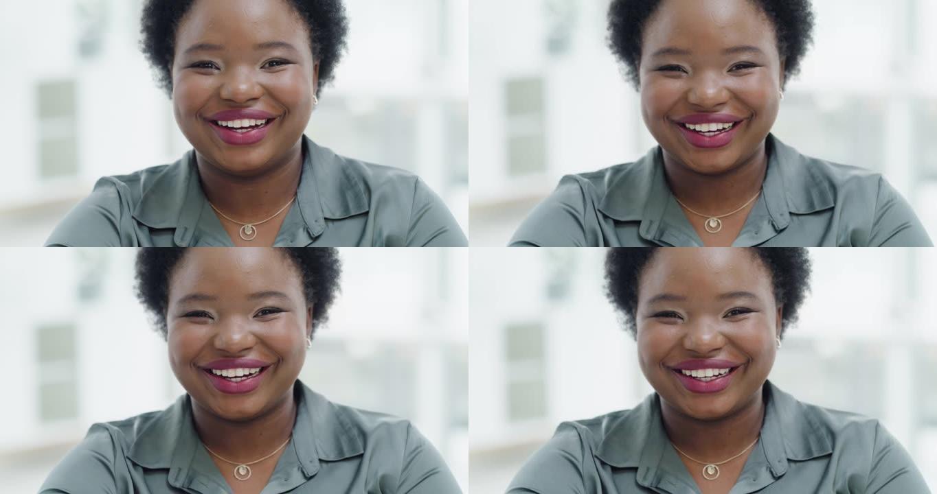 4k视频片段，一名年轻女子在现代办公室微笑并摆姿势