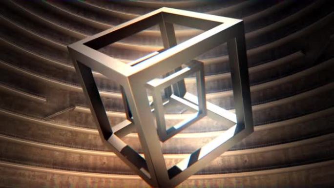 在一个不切实际的空间中旋转立方体盒结构，由顶部的强光照亮，特写镜头